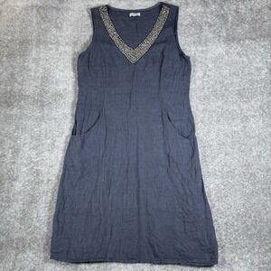 Lila Tomei Shift Dress Womens Size Small Navy Blue Linen Sleeveless Beaded Italy
